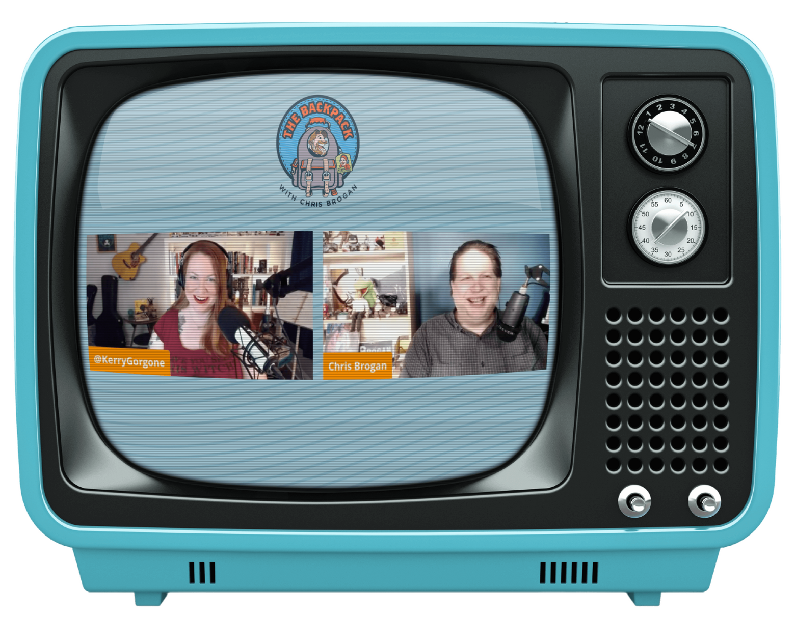 A turquoise blue retro television displaying The Backpack Show on YouTube with Chris Brogan and Kerry O'Shea Gorgone.