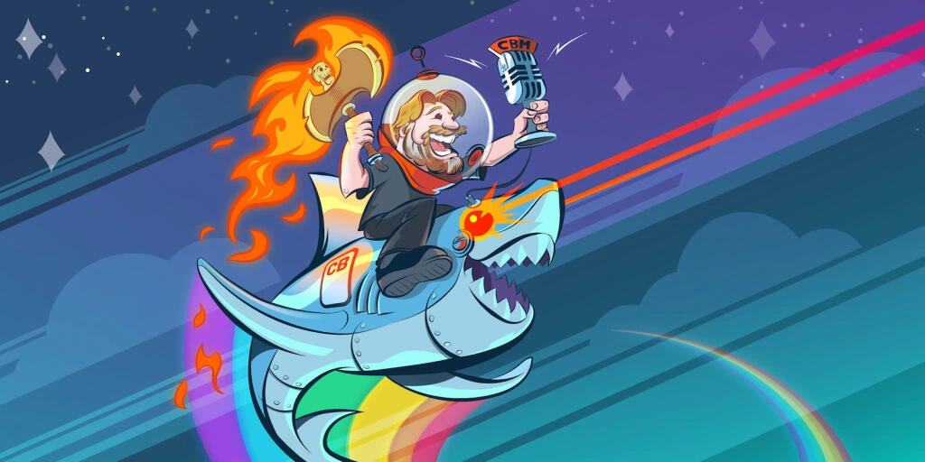 Chris Brogan riding a mechanical rainbow shark in space with a podcast mic in one hand and a viking axe that's on fire in the other hand. It's a fun picture. Lots of colors. Purples, orange and blues are most prominent.